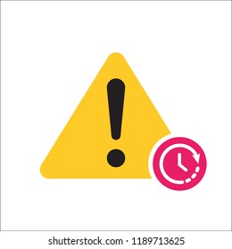 Warning triangle icon, Error, alert, problem, failure icon with time sign. Warning triangle icon and countdown, deadline, schedule, planning symbol. Vector