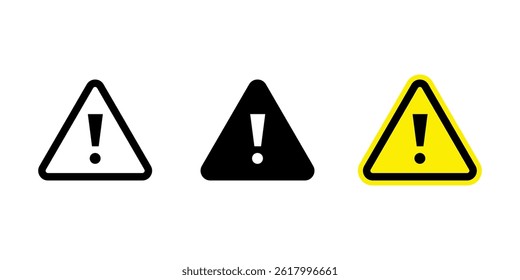 Warning triangle icon. Warning line icon. Warning sign with exclamation mark. Alert warn in triangle. Road sign alert. Caution warn. Warning dangerous attention icon set