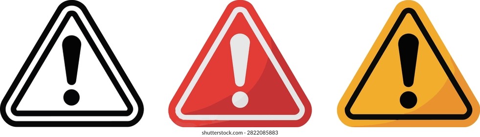 Warning triangle icon set illustration, red yellow and black exclamation caution signs for hazard alert, safety notice, risk prevention, emergency symbol. Warning and alert icon collection. vector eps