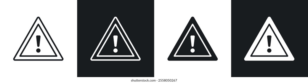 Warning triangle icons pack in black and white filled and outlined versions.