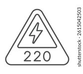 Warning triangle with lightning thin line icon, electrical service concept. Vector graphics. 220 volts danger, safety sign on white background, outline style icon for mobile or web design