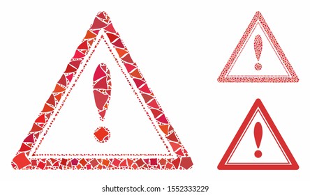 Warning triangle mosaic of inequal elements in variable sizes and color tones, based on warning triangle icon. Vector tremulant elements are organized into mosaic.