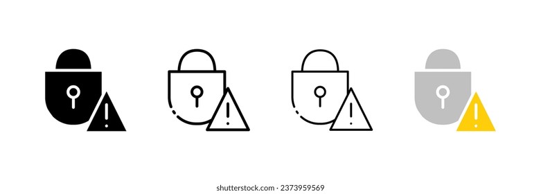 Warning triangle near the key lock. Different styles, insecure password warning, attention triangle, key lock. Vector icons