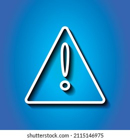 Warning triangle simple icon. Flat desing. White icon with shadow on blue background.ai