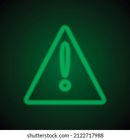 Warning triangle simple icon. Flat desing. Green neon on black background with green light.ai
