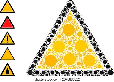 Icono de mosaico de plantilla de triángulo de advertencia. Mosaico vectorial compuesto de elementos de la célula de virus aleatorizados. Icono de la plantilla de triángulo de advertencia de celda de virus y más iconos.