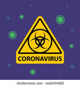 warning in a triangular sign about coronavirus. quarantine zone. flat vector illustration.