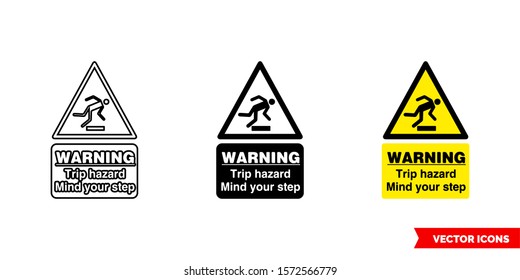 Warning trip hazard mind your step hazard sign icon of 3 types: color, black and white, outline. Isolated vector sign symbol.