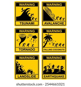 Warning, Tsunami, avalanche, tornado, falling coconuts, landslide, earthquake, sign vector