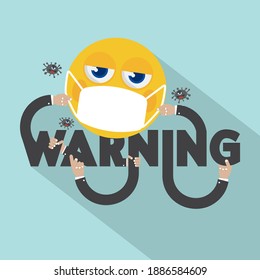 Warning Typography Yellow Emoji Wearing a Medical Mask Design Vector Illustration.