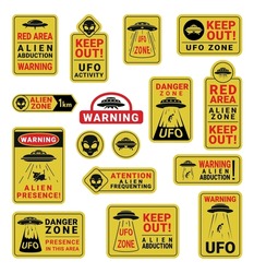 Warning UFO Road Sign Yellow Red Badge With Aliens Abduction Black Line Set Vector Flat Illustration. Attention Alien Attack Spaceship Alert Kidnapping People Danger Zone Science Fiction Caution