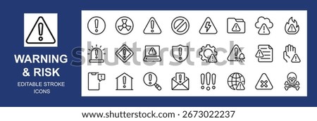 Warning vector icon set. Contains icons related to Alert,  Exclamation mark, risk, caution, danger, hazard, error, stop, notice, notification, and more. Editable stroke, Vector illustration