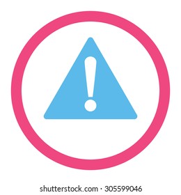 Warning vector icon. This rounded flat symbol is drawn with pink and blue colors on a white background.