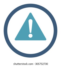Warning vector icon. This rounded flat symbol is drawn with cyan and blue colors on a white background.