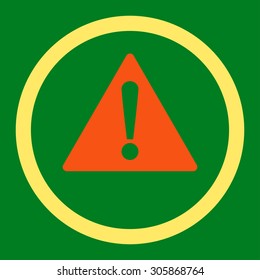 Warning vector icon. This rounded flat symbol is drawn with orange and yellow colors on a green background.