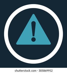 Warning vector icon. This rounded flat symbol is drawn with blue and white colors on a dark blue background.