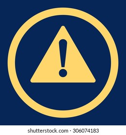 Warning vector icon. This rounded flat symbol is drawn with yellow color on a blue background.