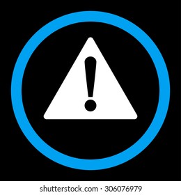 Warning vector icon. This rounded flat symbol is drawn with blue and white colors on a black background.
