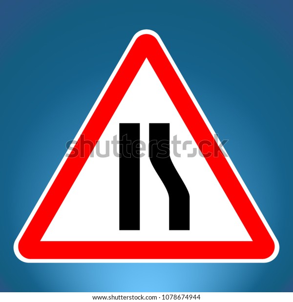 Warning vector sign, road narrows ahead.\
Isolated on blue\
background