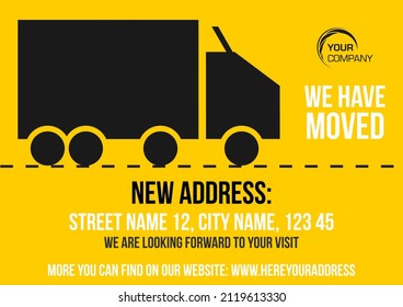 Warning vector sign we have moved to new address. Black and white text on yellow background