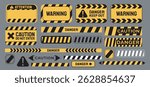 Warning vector signs. Signs of attention, warning, caution, danger. Exclamation mark. Yellow warning caution sign text space area message box sticker label object goods commodity.                     