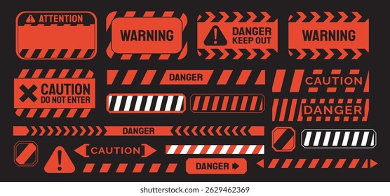 Warning vector signs. Signs of attention, warning, caution, danger. Exclamation mark. Yellow warning caution sign text space area message box sticker label object goods commodity.                     