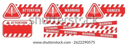 Warning vector signs. Signs of attention, warning, caution, danger. Exclamation mark. Yellow warning caution sign text space area message box sticker label object goods commodity