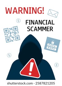 Warning vertical banner, poster about financial internet fraud. Fake QR code, SPAM mailing, hacking. Unknown man in a hood. Phishing scam concept.