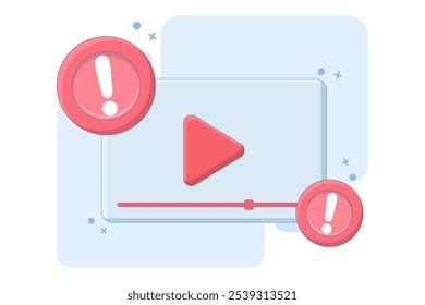 warning video concept. danger risk and problem. notification, error, mistake, warning. exclamation mark. illustration of video recorder symbol with warning sign. flat vector illustration.