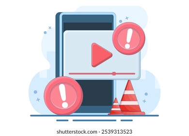 warning video concept. danger risk and problem. notification, error, mistake, warning. exclamation mark. illustration of video recorder symbol with warning sign. flat vector illustration.