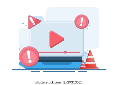 warning video concept. danger risk and problem. notification, error, mistake, warning. exclamation mark. illustration of video recorder symbol with warning sign. flat vector illustration.