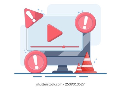 warning video concept. danger risk and problem. notification, error, mistake, warning. exclamation mark. illustration of video recorder symbol with warning sign. flat vector illustration.