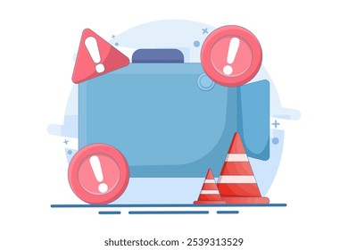 warning video concept. danger risk and problem. notification, error, mistake, warning. exclamation mark. illustration of video recorder symbol with warning sign. flat vector illustration.