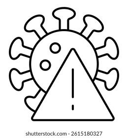 Warning virus thin line icon, coronavirus concept. Vector graphics. Triangle and flu bacteria sign on white background, linear style for mobile or design