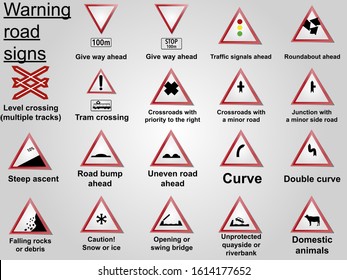 Warning volume road traffic street sign, vector illustration collection isolated on white background for learning, education, driving courses, sticker, icon.