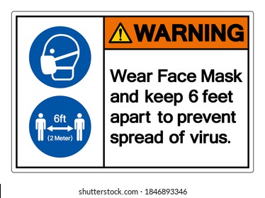 Warning Wear Face Mask and keep 6 feet apart to prevent spread of virus Symbol Sign, Vector Illustration, Isolate On White Background Label. EPS10 