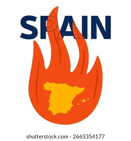 Warning wildfire in Spain vector illustration with map isolated on white background.