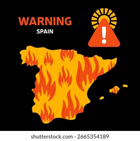 Warnung vor Lauffeuer in Spanien, Vektorgrafik mit Karte einzeln auf weißem Hintergrund.