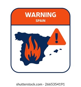 Warnung vor Lauffeuer in Spanien, Vektorgrafik mit Karte einzeln auf weißem Hintergrund.