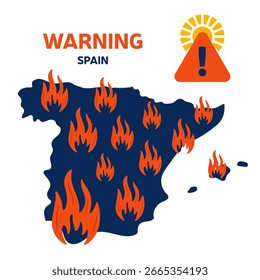 Advertencia de incendios forestales en España Ilustración vectorial con mapa aislado sobre fondo blanco.