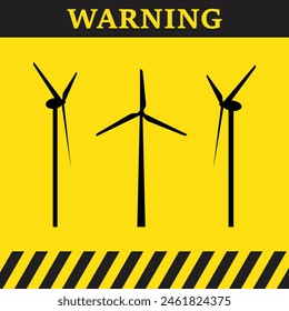 Warning wind turbines area symbol on yellow background with text