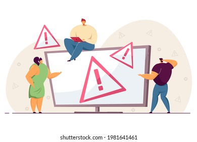 Warning window on computer screen. Confused tiny people, mistake alert for website or page flat vector illustration. System error, technology concept for banner, website design or landing web page