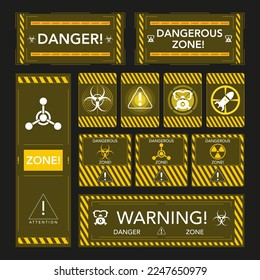 Warning windows about radiation hazard. High voltage and nuclear radiation caution, danger message radiation hazard and high voltage. Vector interface windows hazard sign.