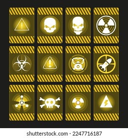 Warning windows about radiation hazard. High voltage and nuclear radiation caution, danger message radiation hazard and high voltage. Vector interface windows hazard sign.