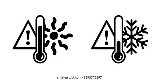 Warning winter, summer, thermometer or temperature indicate scale. Alert for hot or cold sign. Storm, snowflake and sunny. Caution,, weather thermometers. Snow flakes and high season scale.