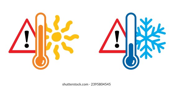 Warning winter, summer, thermometer or temperature indicate scale. Alert for hot or cold sign. Storm, snowflake and sunny. Caution,, weather thermometers. Snow flakes and high season scale.