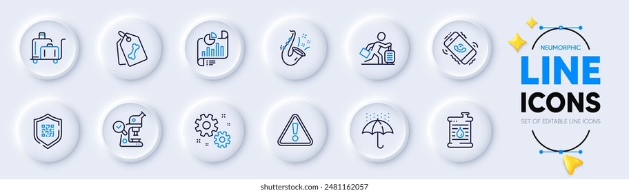 Warning, Work and Oil barrel line icons for web app. Pack of Report document, Pet tags, Waterproof umbrella pictogram icons. Qr code, Travel delay, Call center signs. Jazz. Neumorphic buttons. Vector