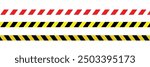 Warning yellow black red diagonal stripes line. Safety stripe warning caution hazard danger road vector sign symbol. Long danger ribbon. Vector illustration on white background. EPS file 112.