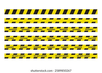 Warning yellow black stripes line. Safety stripe warning caution hazard danger road signs, symbol. Long danger ribbon. Set of warning tapes isolated on white background. flat vector illustration