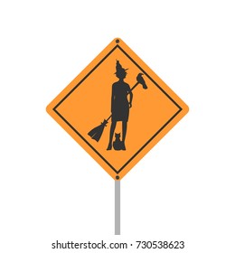 Warning yellow road sign on white background. Witch with broomstick, raven and cat